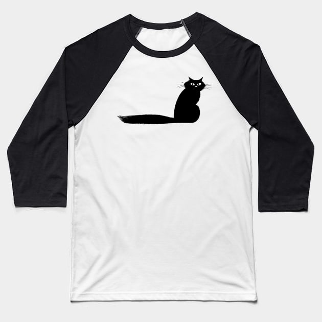 Black Kitty Cat with Long Fluffy Tail Baseball T-Shirt by Coffee Squirrel